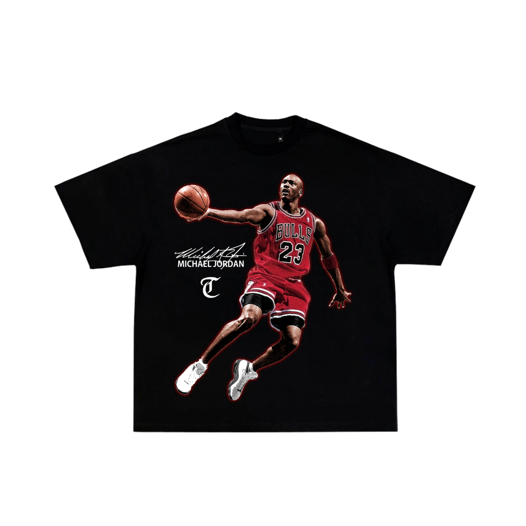 Black t-shirt with a graphic of a basketball player in a red jersey on a white background