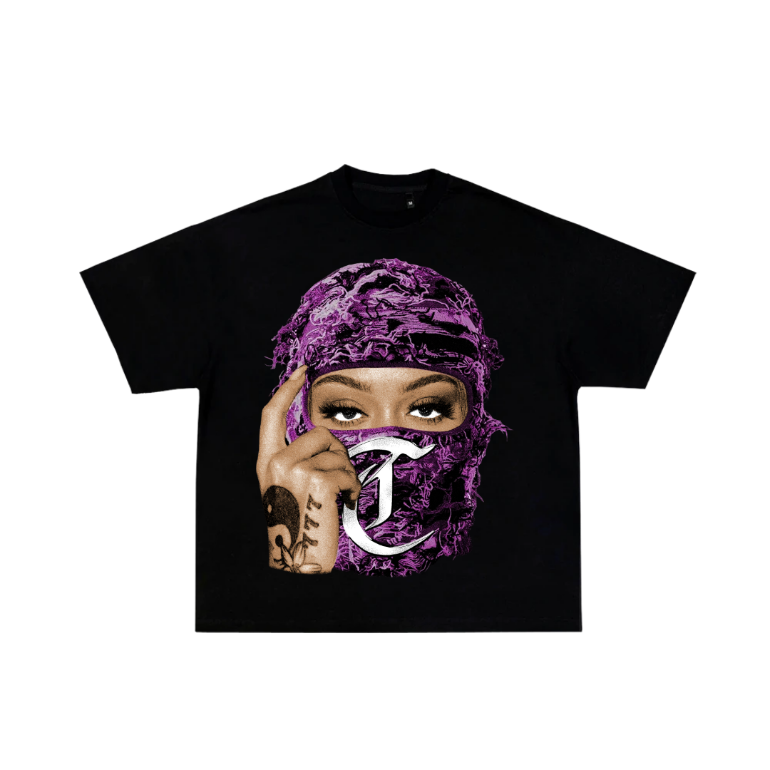Black t-shirt with a graphic of a person wearing a purple headscarf and showing a peace sign with a logo on a white background.