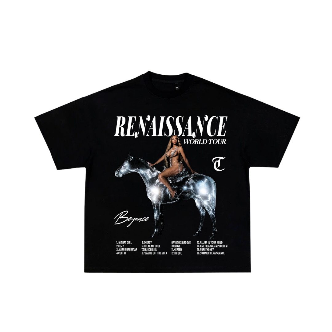 Black t-shirt with a graphic of a woman on a horse and 'Renaissance World Tour' text on a white background