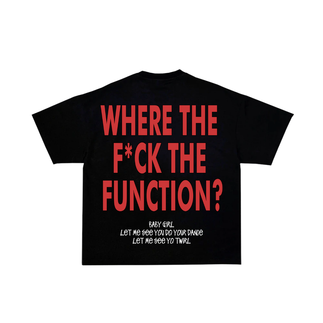 Black t-shirt with red and white text on a white background