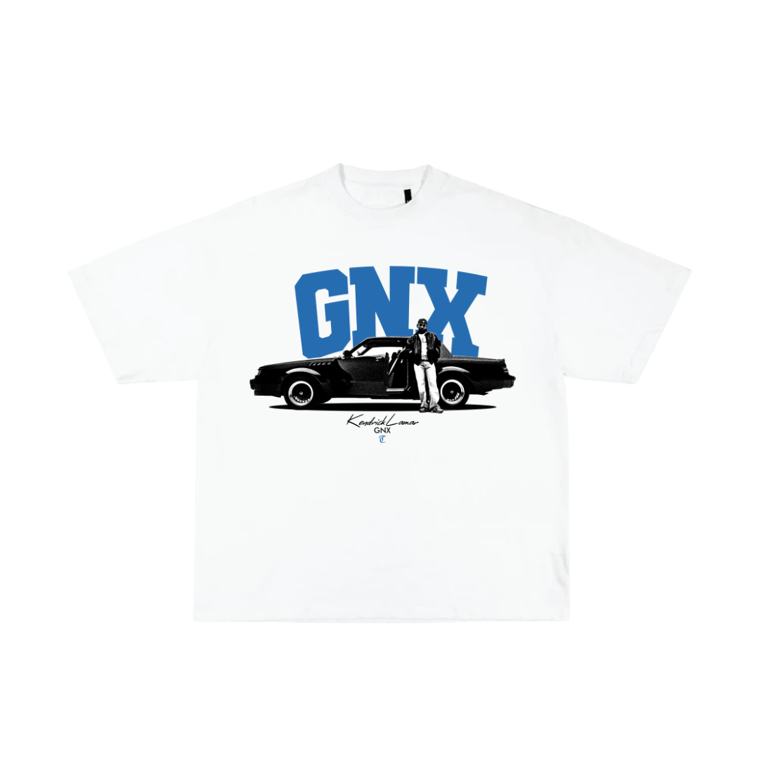 White t-shirt with a black car graphic and 'GNX' text on a white background