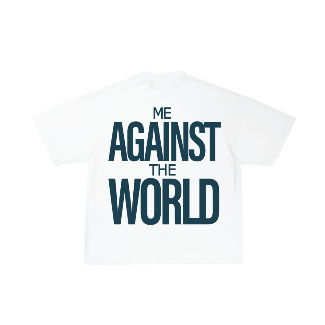 White t-shirt with 'Me Against the World' text on a white background