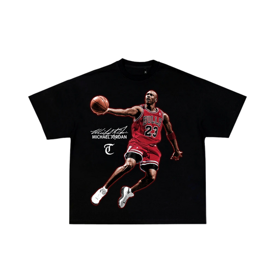 Black t-shirt with a graphic of a basketball player in a red jersey on a white background