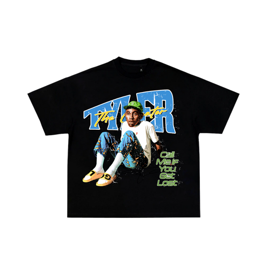 Black t-shirt with graphic design of a person and text on a white background