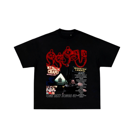 Black t-shirt with red and white graphic design on a white background