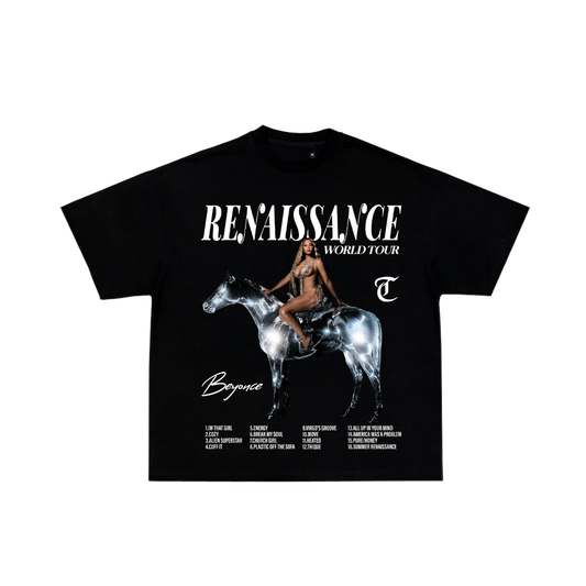 Black t-shirt with a graphic of a woman on a horse and 'Renaissance World Tour' text on a white background