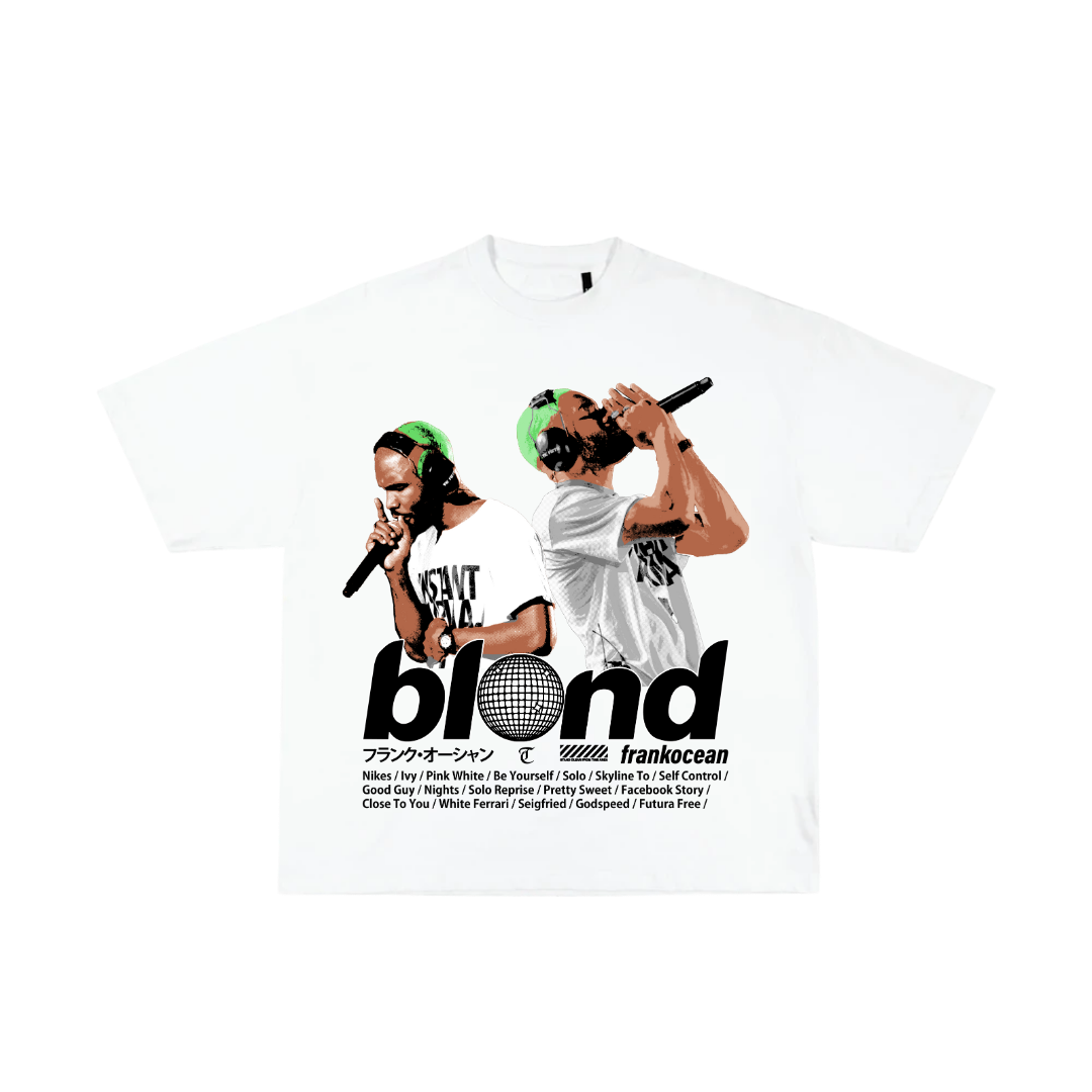 Album cover with two people holding microphones and the word 'blond' on a white background