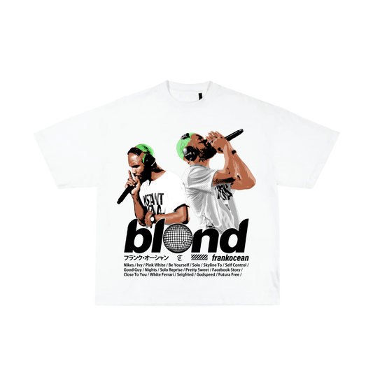 Album cover with two people holding microphones and the word 'blond' on a white background