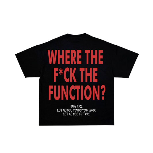 Black t-shirt with red and white text on a white background