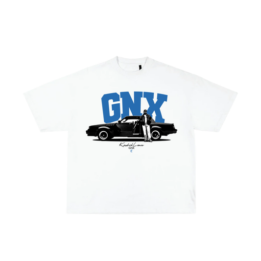 White t-shirt with a black car graphic and 'GNX' text on a white background