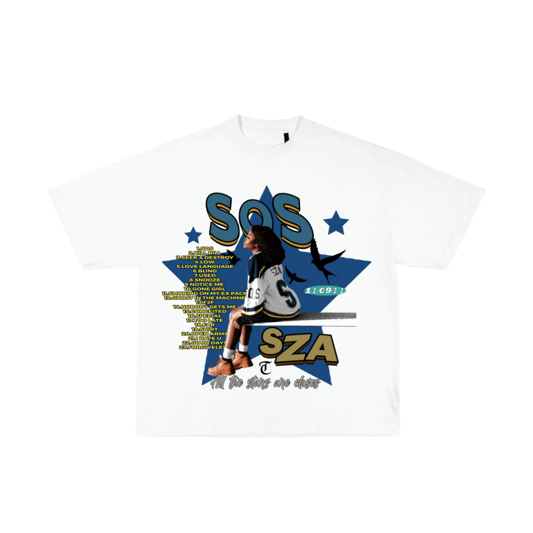 White t-shirt with 'SOS SZA' design featuring a person sitting on a bench.