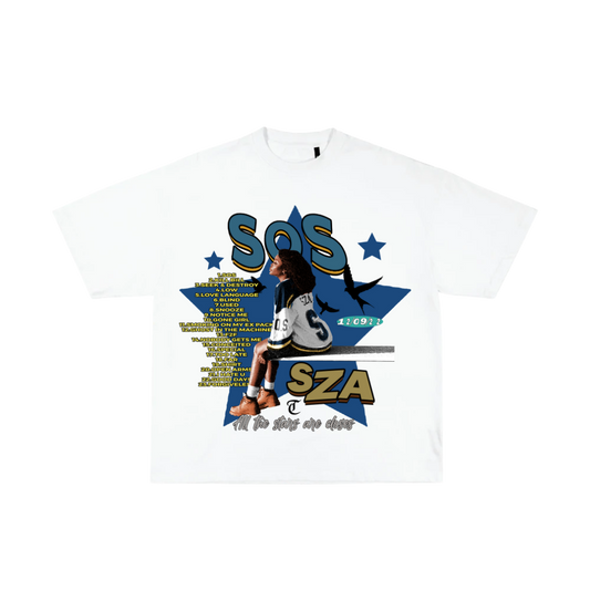 White t-shirt with 'SOS SZA' design featuring a person sitting on a bench.