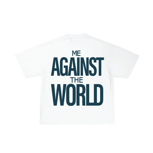 White t-shirt with 'Me Against the World' text on a white background