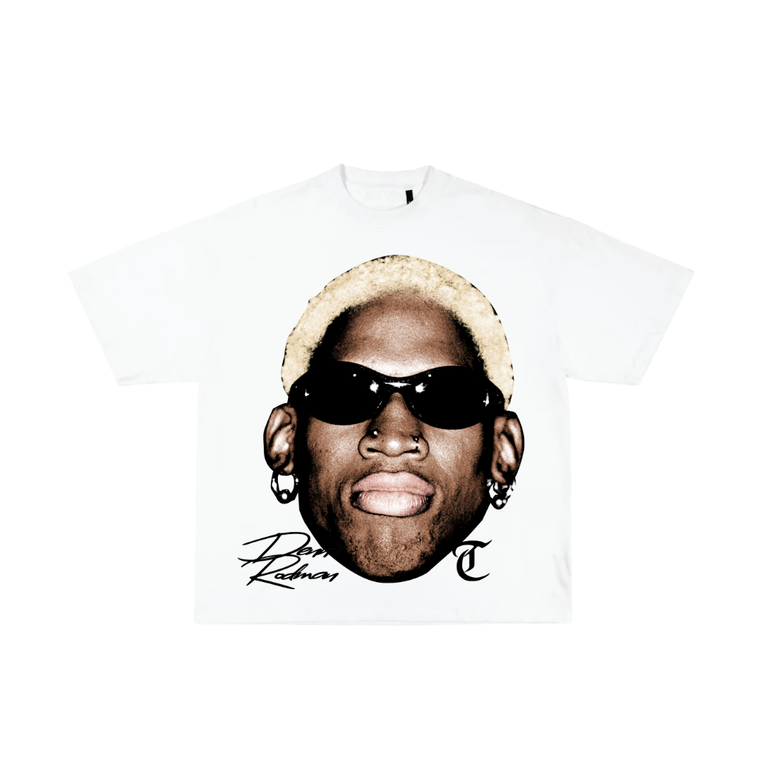 White t-shirt with a graphic of a person's face and sunglasses on a white background
