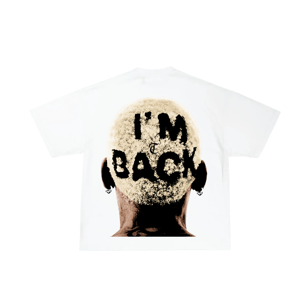 White t-shirt with a graphic design of a person with text 'I'm Back' on a white background