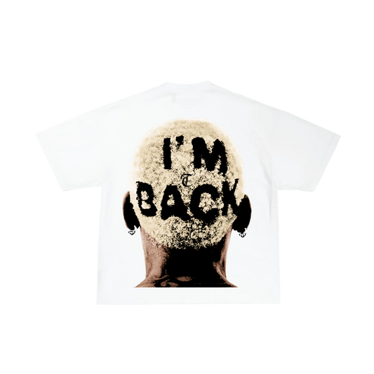 White t-shirt with a graphic design of a person with text 'I'm Back' on a white background