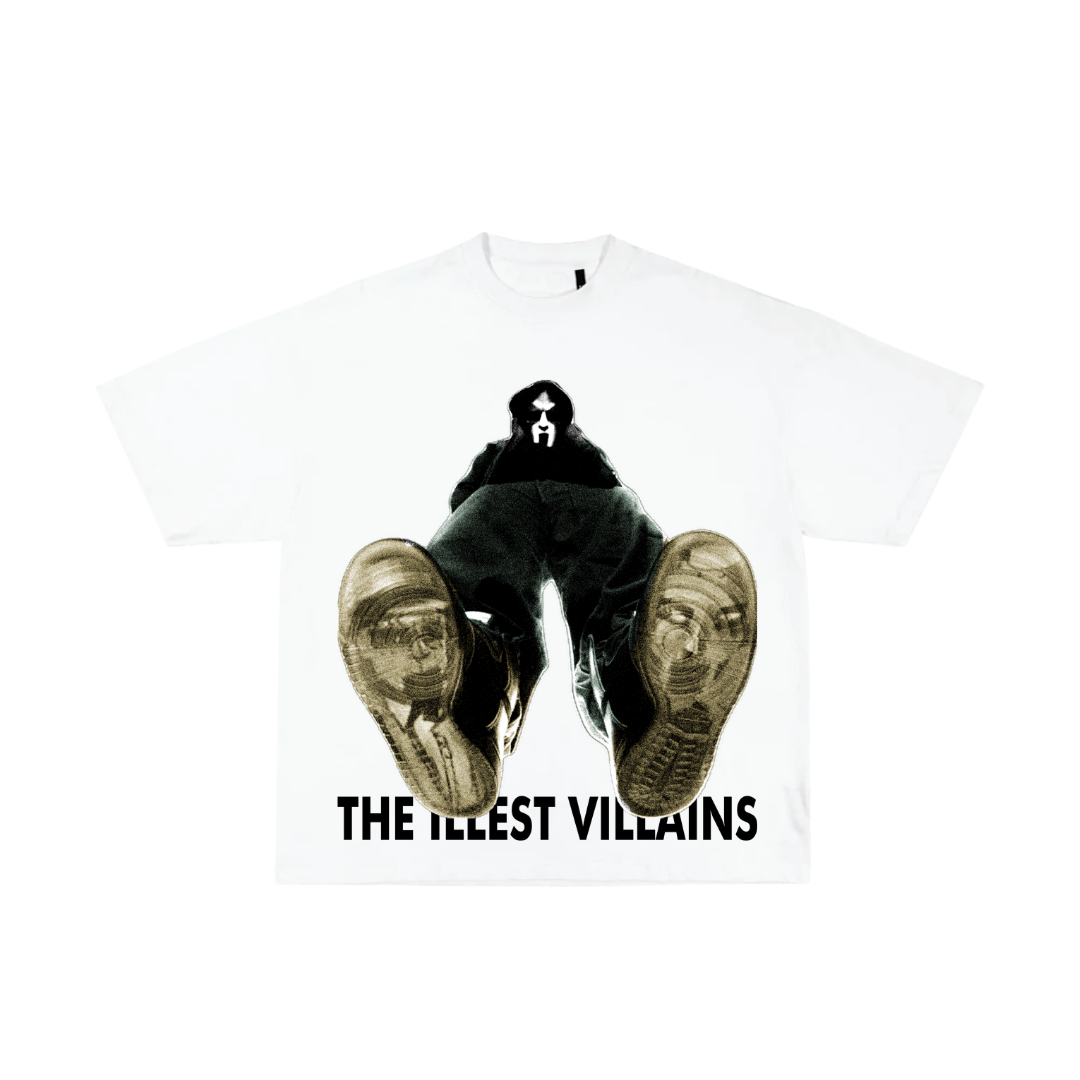 White t-shirt with black and gold shoes graphic and 'The Tallest Villains' text on a white background