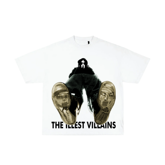 White t-shirt with black and gold shoes graphic and 'The Tallest Villains' text on a white background