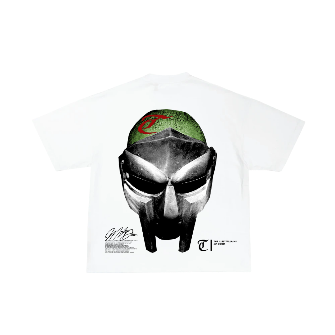 White t-shirt with a graphic of a helmet and sunglasses on a white background