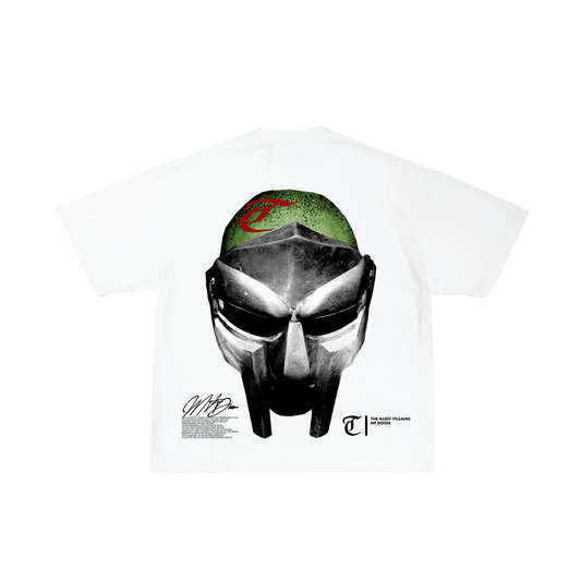White t-shirt with a graphic of a helmet and sunglasses on a white background